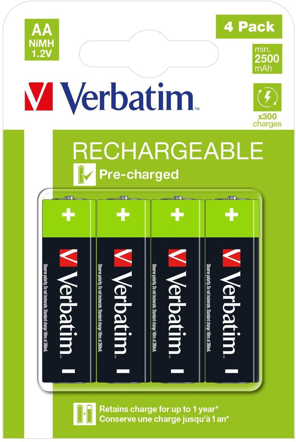 Verbatim Premium Rechargeable AA NiMH Batteries 2500mAh 1.2V - 4 Pack