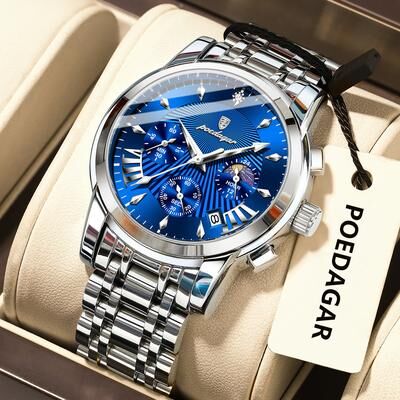 Youfap Market Men's Quartz Watches, Stainless Steel Chronograph, Original Military Waterproof Luminous Date Watch silver Blue