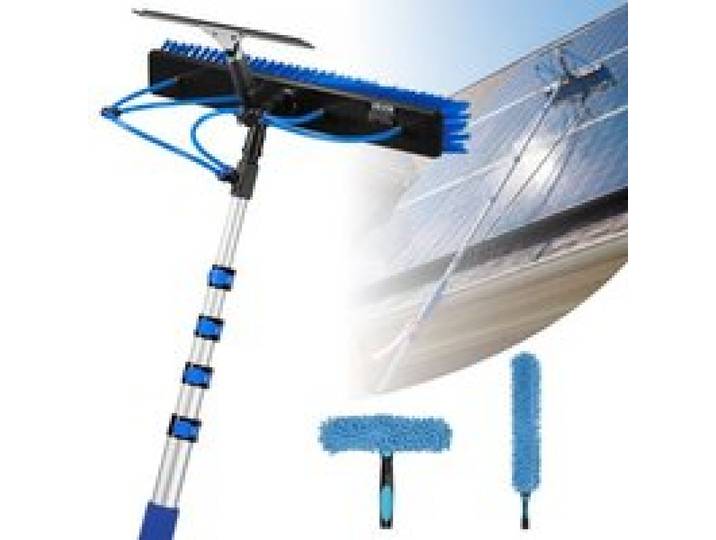 VEVOR 2-in-1 Teleskop Waschbürste für Solarpanel, Photovoltaik Reiniger Set mit 1,2-4,6m Alu-Teleskop 20m Wasseranschluss Abzieher Seifenspender, Reinigungsbürste für Solaranlage Fenster Terrassendach