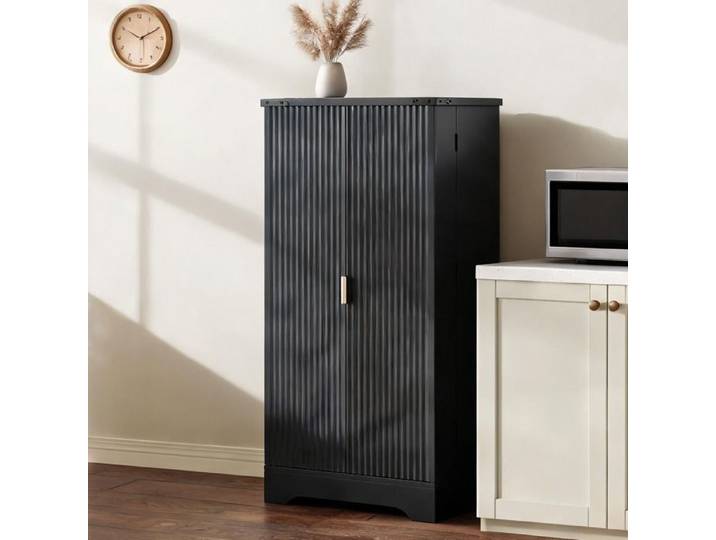 Buffet haut 2 portes noir mat MDF 120x60 5x40 cm LED capteur rainuré contemporain