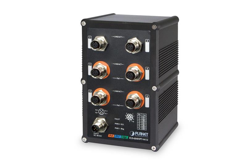 PLANET IGS-604HPT-M12, Managed, L2+, Vollduplex, Power over Ethernet (PoE), Rack-Einbau, Wandmontage