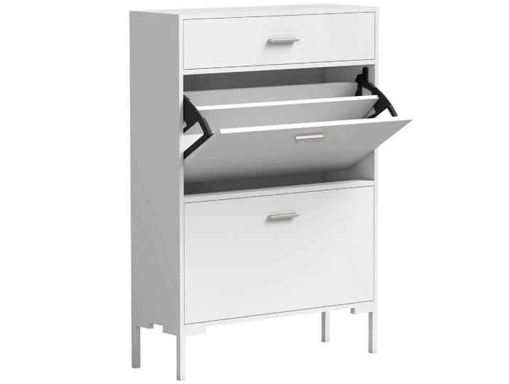 Homcom Schuhschrank MDF Weiß, Metall, Nachbildung, 4 Fächer, 1 Schubladen, 26x110x75 cm, Garderobe, Schuhaufbewahrung, Schuhkipper