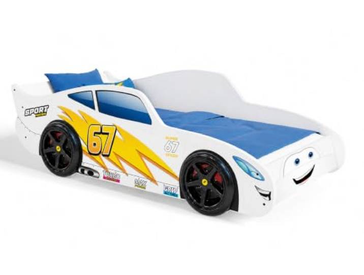 KOBI Auto-Bett 160 x 80, weiß, mit 3D-Rädern und Cars-Matratze