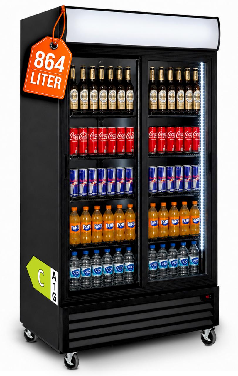 GastroHero Getränkekühlschrank ECO 1000 schwarz mit Schiebetüren, LED-Innenbeleuchtung & Leuchtaufsatz