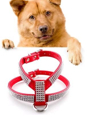 Snug & Styled Luxury Dog Harness With Rhinestones Soft PU Pet Harness & Matching Leash Set red