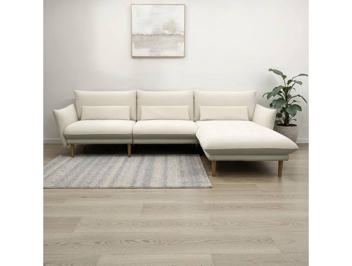 Ecksofa DOMO COLLECTION Leuven modern mit schmalen Armlehnen, Breite 282 cm, L-Form , beige (creme), B:282cm H:86cm T:159cm, 100% Polyester, Sofas, Ecksofa, angenehm feste Polsterung, bodenfrei, 19 cm hohe Holzfüsse