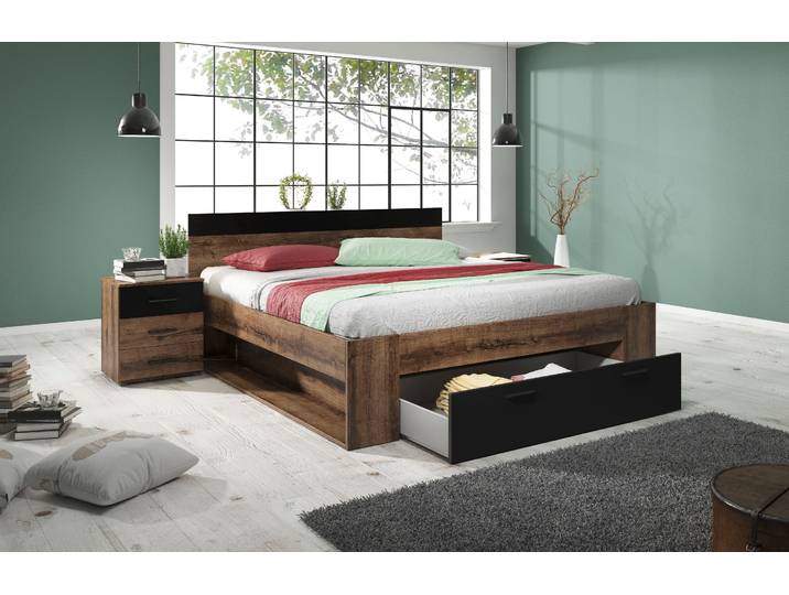 Stauraumbett HOME AFFAIRE Beta, Breite 160 oder 180cm, moderne Bettanlage mit 2 Fächer , braun (monastery eiche, monastery eiche, schwarz, monastery eiche), B:166cm L:205cm, Betten, Stauraumbett, Bettgestell in zwei Grössen inklusive Bettschublade