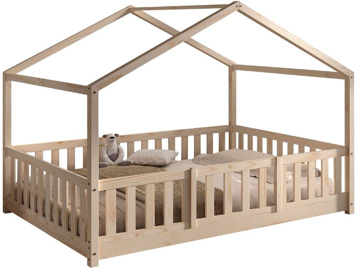 Hausbett VIPACK Dallas, Massivholzbett mit Dachaufbau umbaubar vom Boden- zum Daybett , braun (kiefer natur, kiefer natur, kiefer natur), B:147cm H:170cm L:210cm, Betten, Hausbett, mit Bettschublade, wahlweise Kiefer massiv natur oder weiss