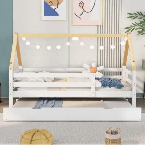 Baumhausbett Kinderbett mit Ausziehbett, Schiebebett mit Rollen, Massivholz, Weiß & Natur, 90x200cm & 90x190cm