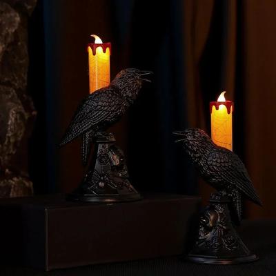 Inspire Curations Glowing Black Crow Candlestick LED Candle Halloween Gothic Table Decor a