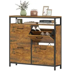 MODFU Schuhschrank 98x24x95 cm mit 4 Klappschubladen und offenem Regal, Industrie Design, Stahlrahmen, Rustikales Braun