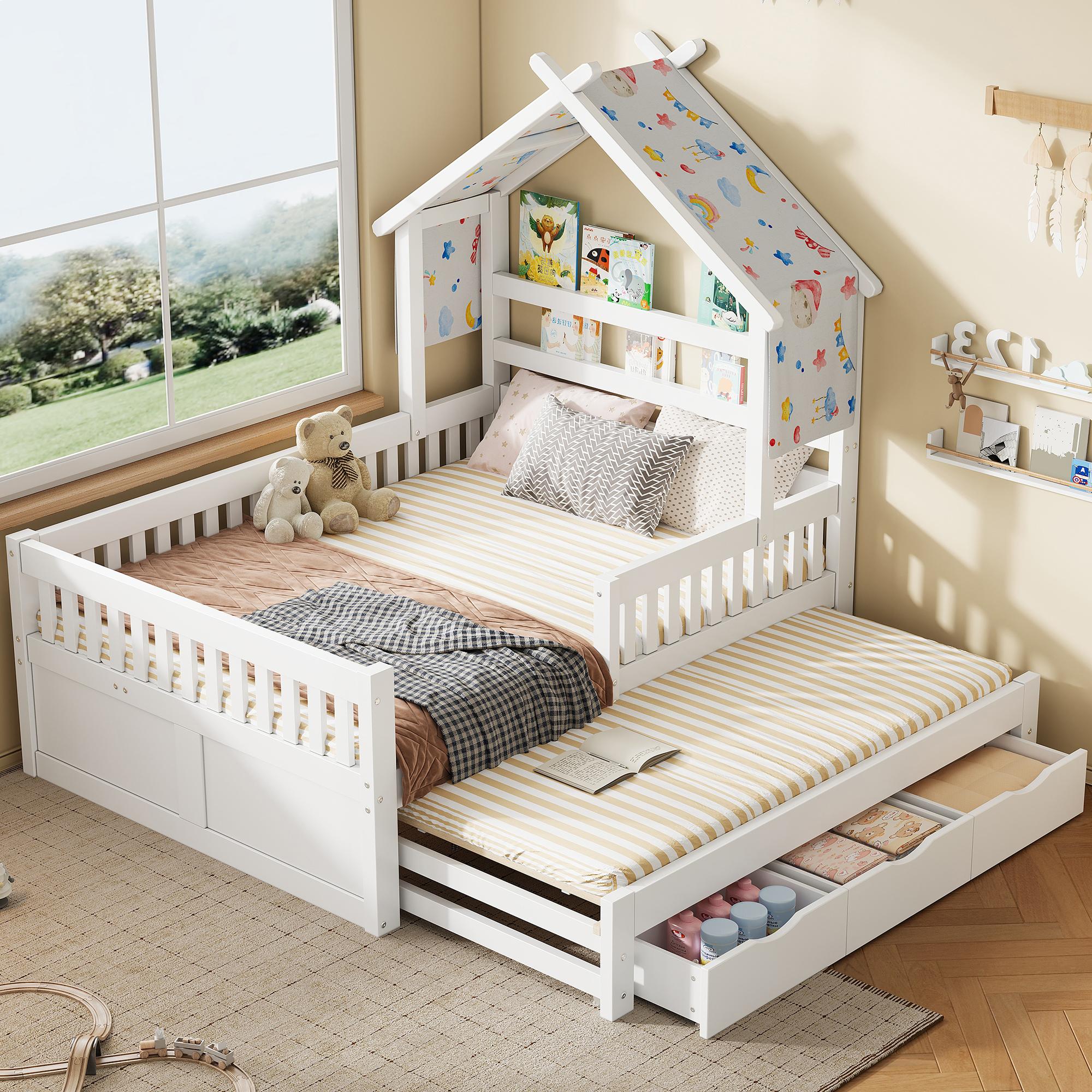 STILVORA Holzplattformbett 140x200 mit Ausziehbett, Kinderbett mit 3 Schubladen und Sicherheitsgittern, Hausbett mit Stauraum, Weiß