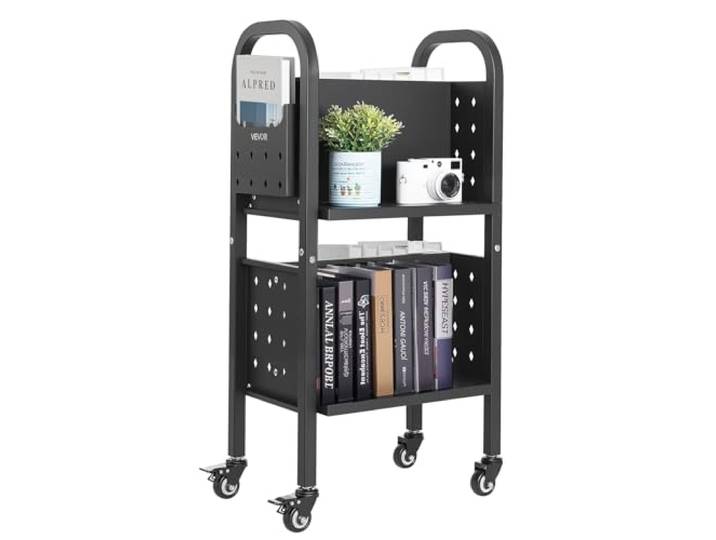VEVOR Chariot à Livres\, Capacité de Charge 70 kg\, Chariot de Bibliothèque\, 45 x 33 x 88 cm\, Étagère de Rangement Livres Double Face en L avec roulettes à Double Frein\, pour Salon\, Bureau\, École\, Noir
