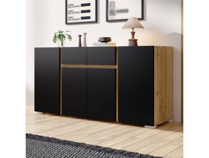 BXEYXE Sideboard 140x35x70 cm aus MDF, Kommode mit 4 Türen und 2 Schubladen, Beistellschrank, moderner Schrank mit verstellbaren Einlegeböden für Wohnzimmer,Schwarz + Naturholzfarbe