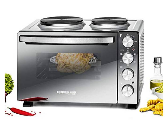 ROMMELSBACHER KLEINKÜCHE KM 3300-2 Gussheizplatten, 30 Liter Backraum, Oberhitze, Unterhitze, Umluft, Drehspieß, 3 Einschubebenen, Doppelverglasung, Spiegelglas-Front, 3250 Watt, silber/schwarz