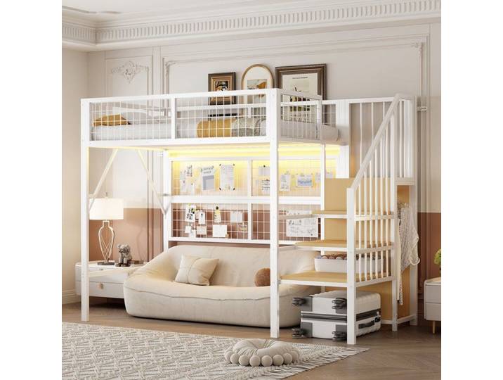 Lit superposé avec rangement intégré et LED 90x200 pour enfants et adolescents