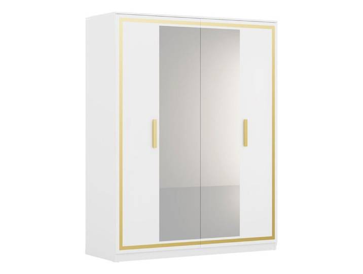 JEMMA - Armoire 4 Portes Laquée Blanc et Décor Doré avec Miroirs