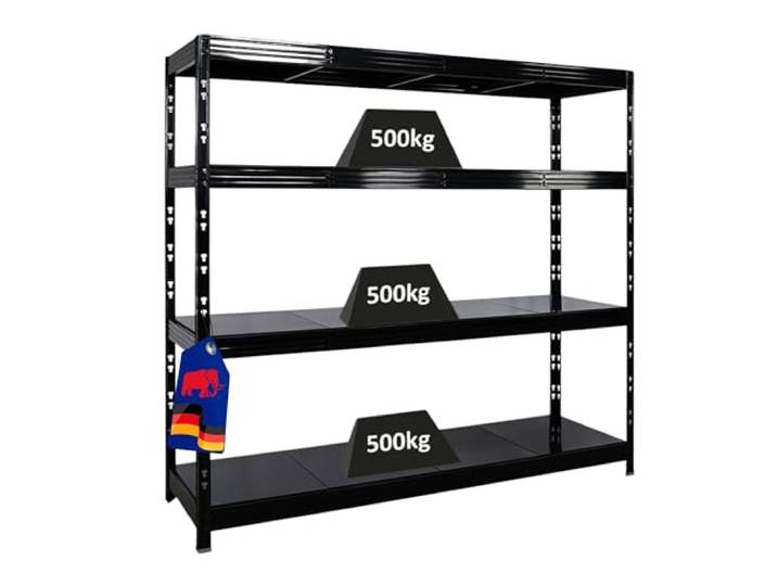 PROREGAL Profi Schwerlastregal Rhino EXTRA BREIT schwarz HxBxT 180x200x60cm Fachlast 500kg 4X Stahlplatten-Ebenen Garagenregal, Lagerregal, Steckregal, Weitspannregal