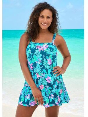 Plus Size Women's Princess-Seam Bandeau Tummy Control A-Line Swim Dress by Swim 365 in Mediterranean Floral (Size 28) Swimsuit