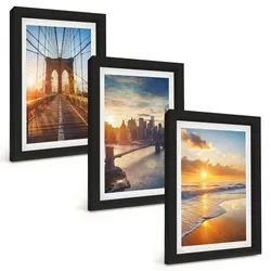 BILDER SET 3er Set - 20x30 cm Schwarzer Rahmen - Brücken, Sonnenuntergänge, Stadt