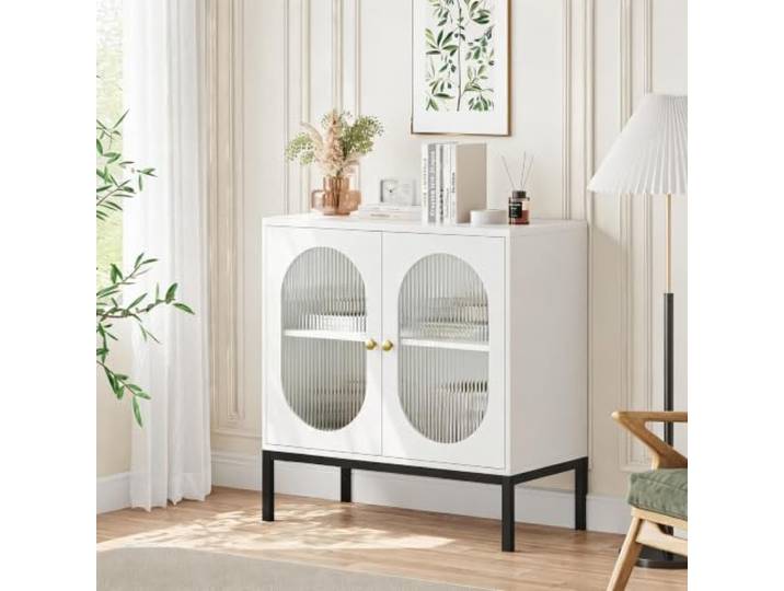 FairyLee Buffetschrank Mit Glastüren & Rattan-Optik Stauraum-Sideboard Aus Holz Für Wohnzimmer Esszimmer Flur Küche