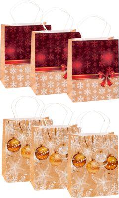 TSI Geschenktüten Set Serie 4, 3 x Motiv „Schneeflocken und Weihnachtskugeln“/3 x Motiv Schneeflocken mit roter Schleife“, Kraftpapier, farbsortiert