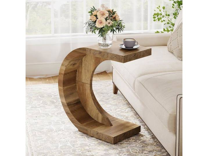 Finmind Table d'Appoint en Forme de C 70x30x65 cm Table de Goûter étroite Pour Salon Chambre à Coucher Marron Rustique