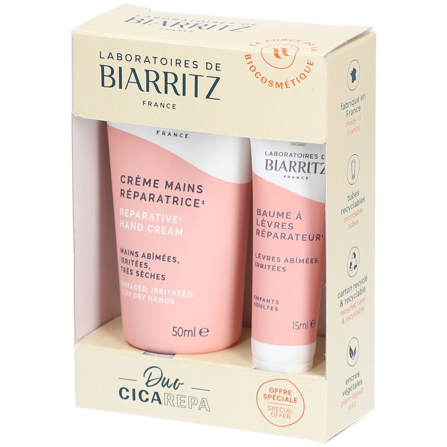 Laboratoires DE Biarritz Offre DUO Cica - Crème mains réparatrice 50 ml + baume à lèvres r 65