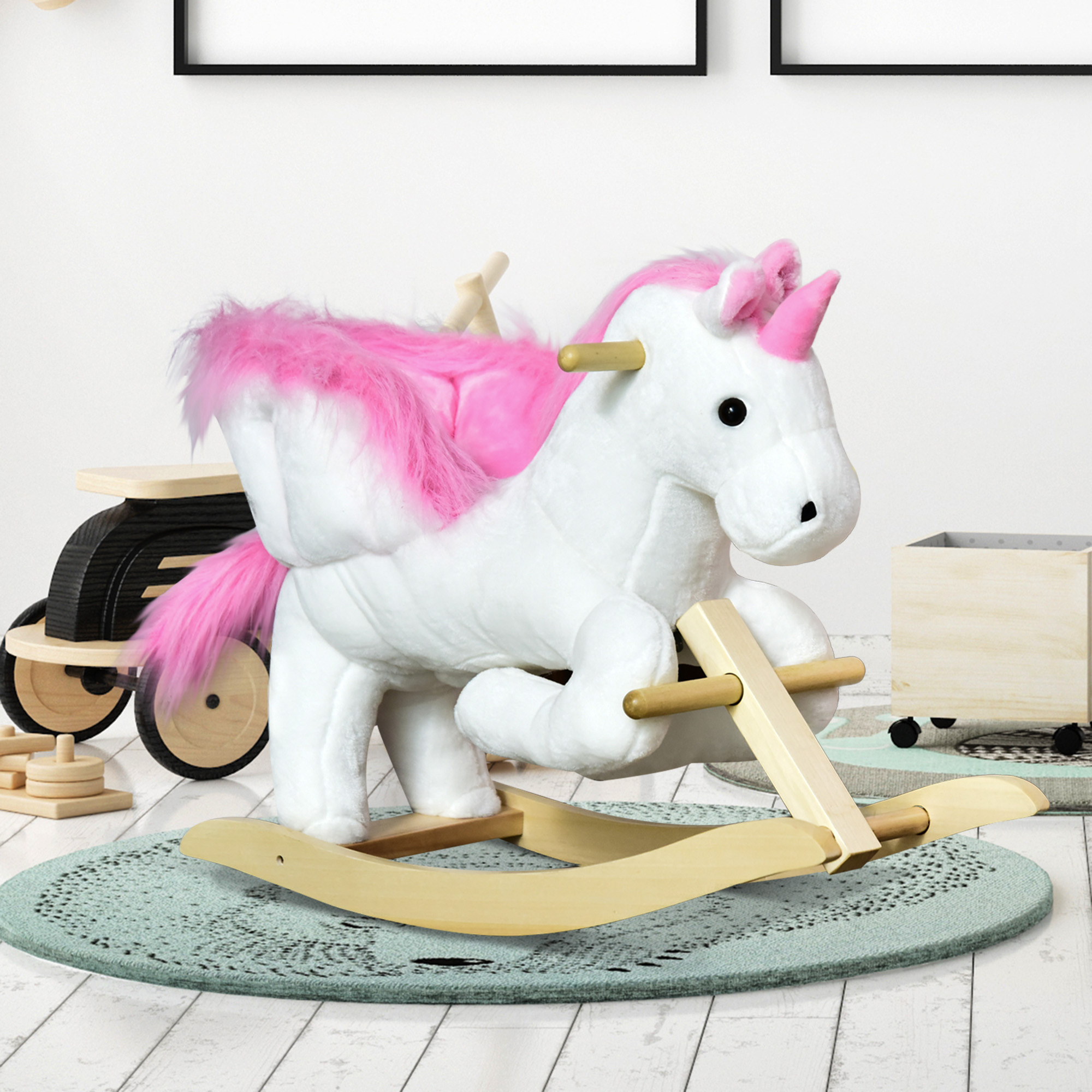Homcom Cavallo a Dondolo a Forma di Unicorno con Musica, Struttura in Metallo e Legno, Rivestimento Peluche, 65x32x55cm, Bianco Rosa Aosom