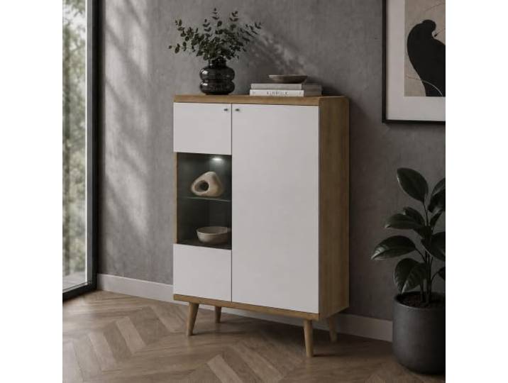 Lomadox Highboard-Vitrine mit LED-Beleuchtung, 90 cm breit, Weiß mit Eiche