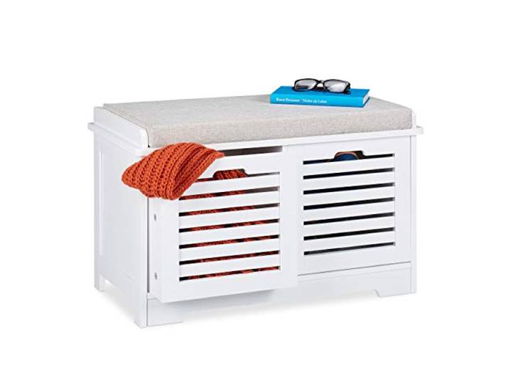 Relaxdays Banc avec Espace Rangement\, 2 paniers\, Banc Cuisine rembourré\, Style campagnard\, Commode\,HxlxP44x72x35cm\,Blanc