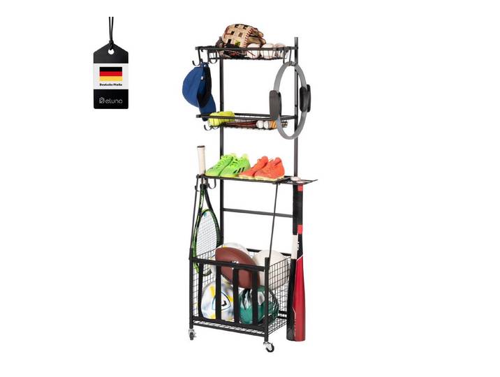 eluno Sportgeräte-Regalwagen mit stabilen Ablageflächen, Körben und Haken, aus Stahl, 1-tlg., Haken frei positionierbar