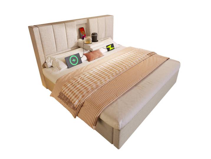 Modenvie Polsterbett 140/200 cm aus Leinen mit Stauraum Ladestation und versteckten Becherhaltern Beige, 140x200 cm, Schlafzimmer, Betten, Polsterbetten