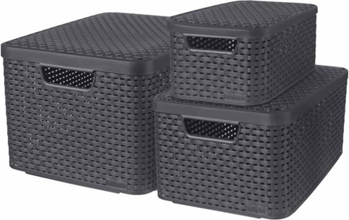 Curver Opbergboxen Style set van 3 met deksel en handvatten antraciet