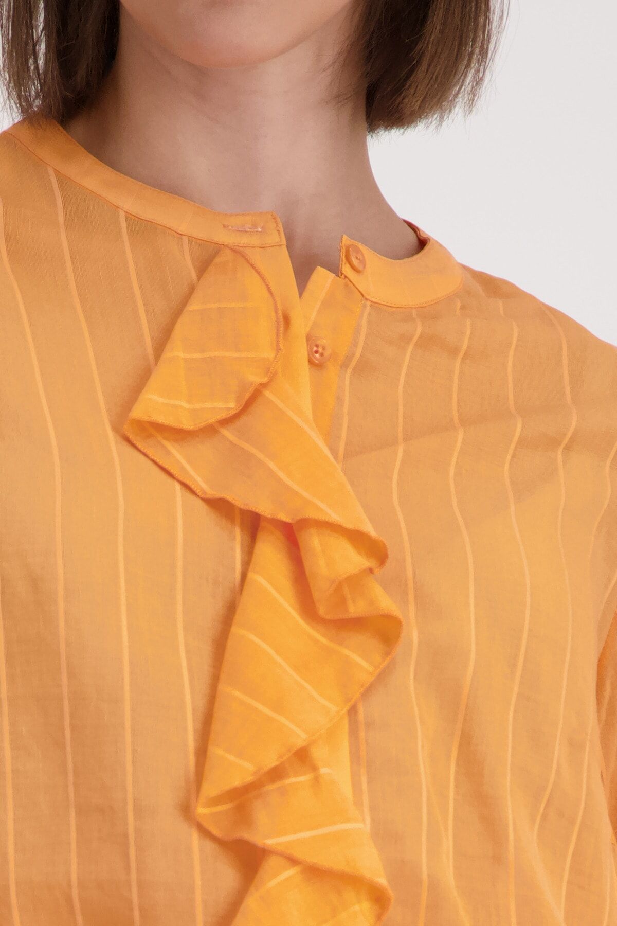 Rüschenbluse MONARI "Streifen + Volants", Damen, Gr. 42, orange, Web, Obermaterial: 75% Viskose, 25% Polyamid, gestreift, leicht transparent, unifarben, regular fit taillenbedeckt, Rundhals, eingesetzt Manschette, Blusen Rüschenbluse, mit Volants orange 4