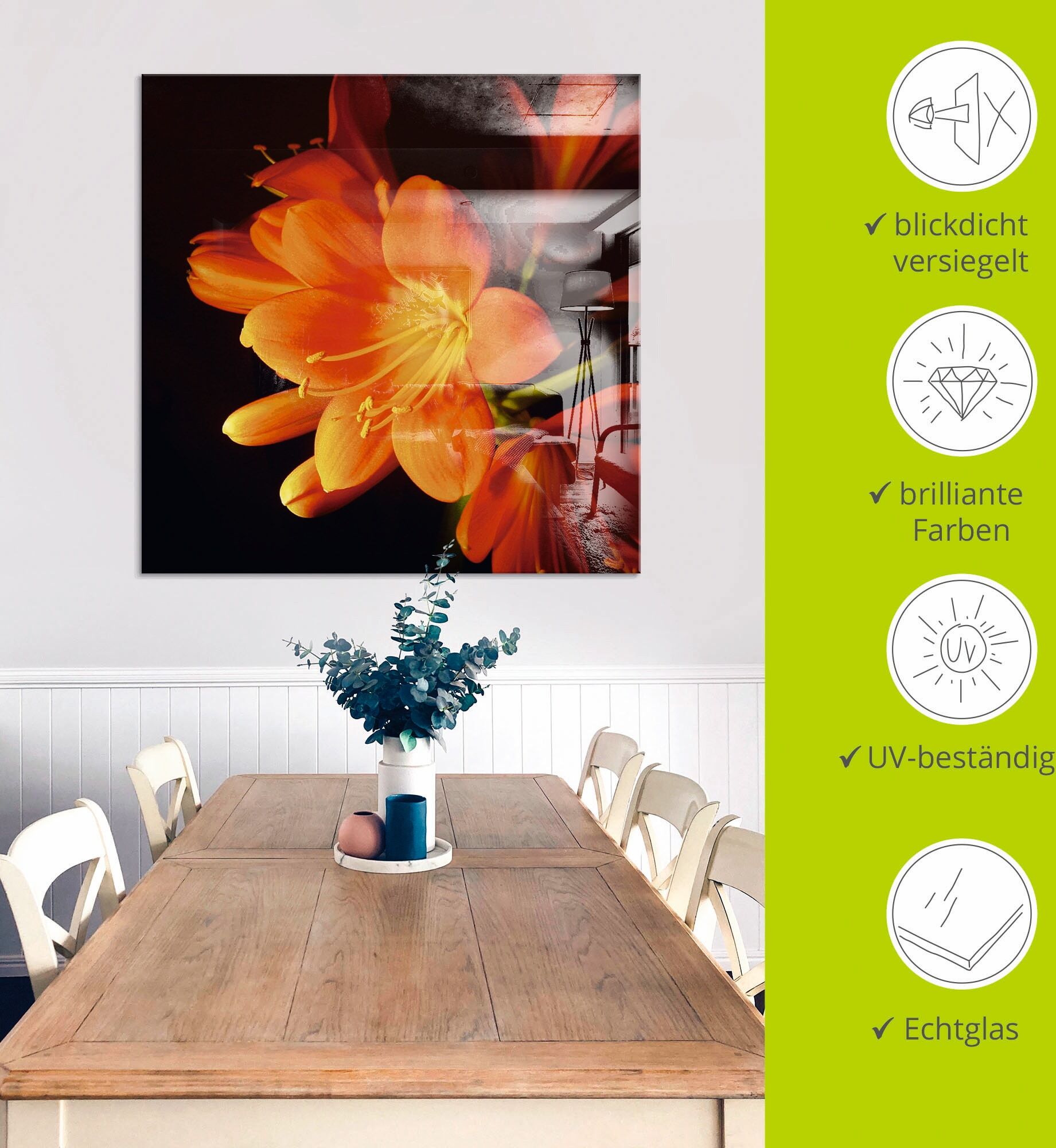 Glasbild ARTLAND "Clivie in leuchtendem Orange", orange (farbe bild(er): orange), B:30cm H:30cm, Bilder, Glasbild, in verschiedenen Grössen farbe bild(er): orange B/H/T: 30cm x 30cm, Glasbild Blumen quadratisch, 1 Stk.