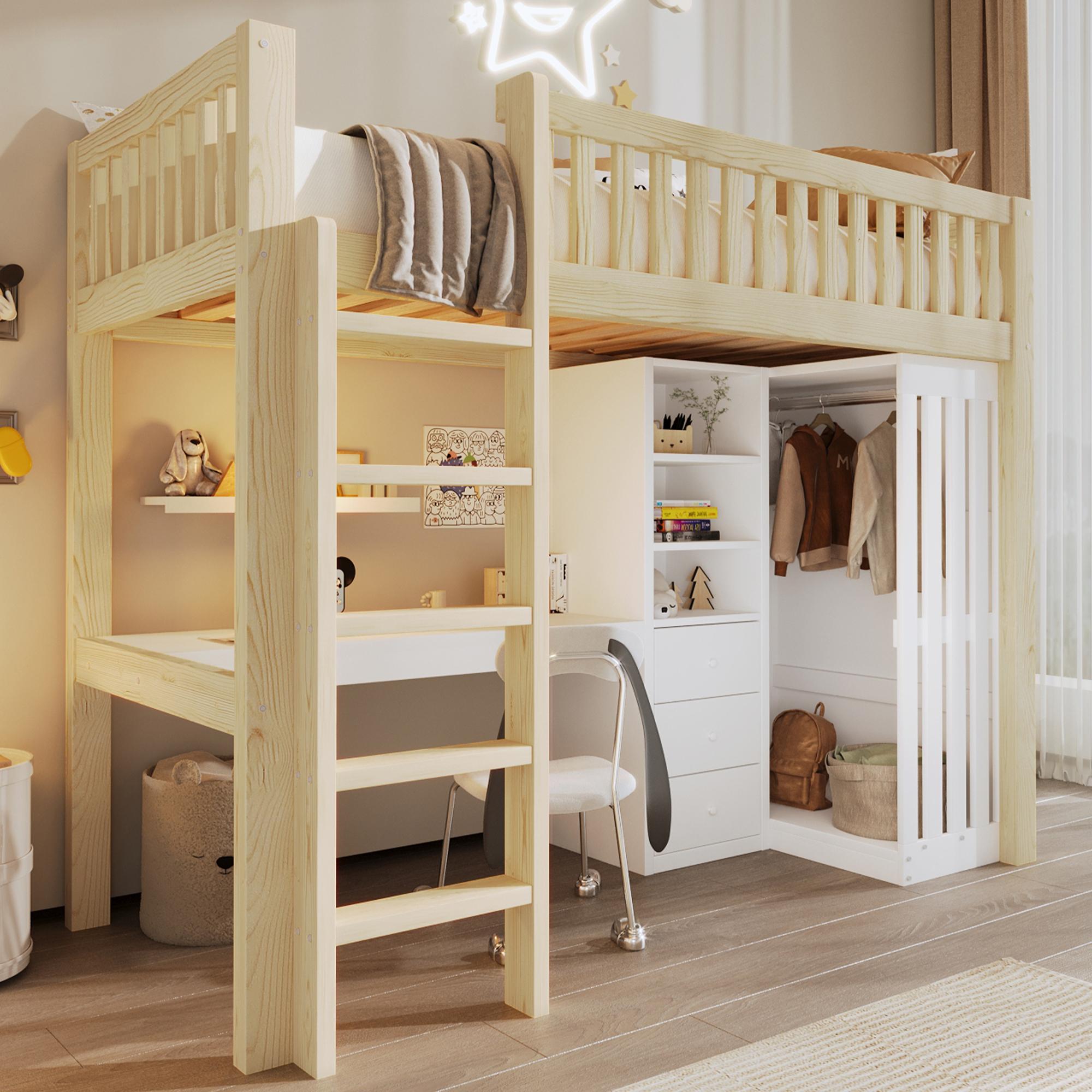 Hochbett, 90*200cm , Schreibtisch, Kleiderschrank, 3 Schubladen, offener Stauraum, Geländer, Treppe, Ohne Matratze, Natur
