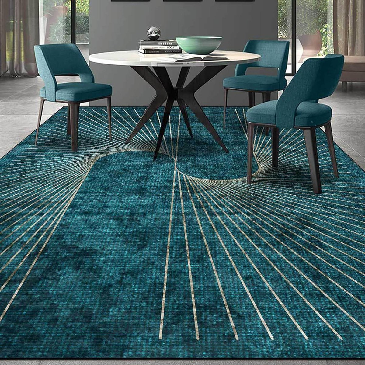 Modern geometrisch vloerkleed - Blauw Groen - Rechthoekig - Laagpolig