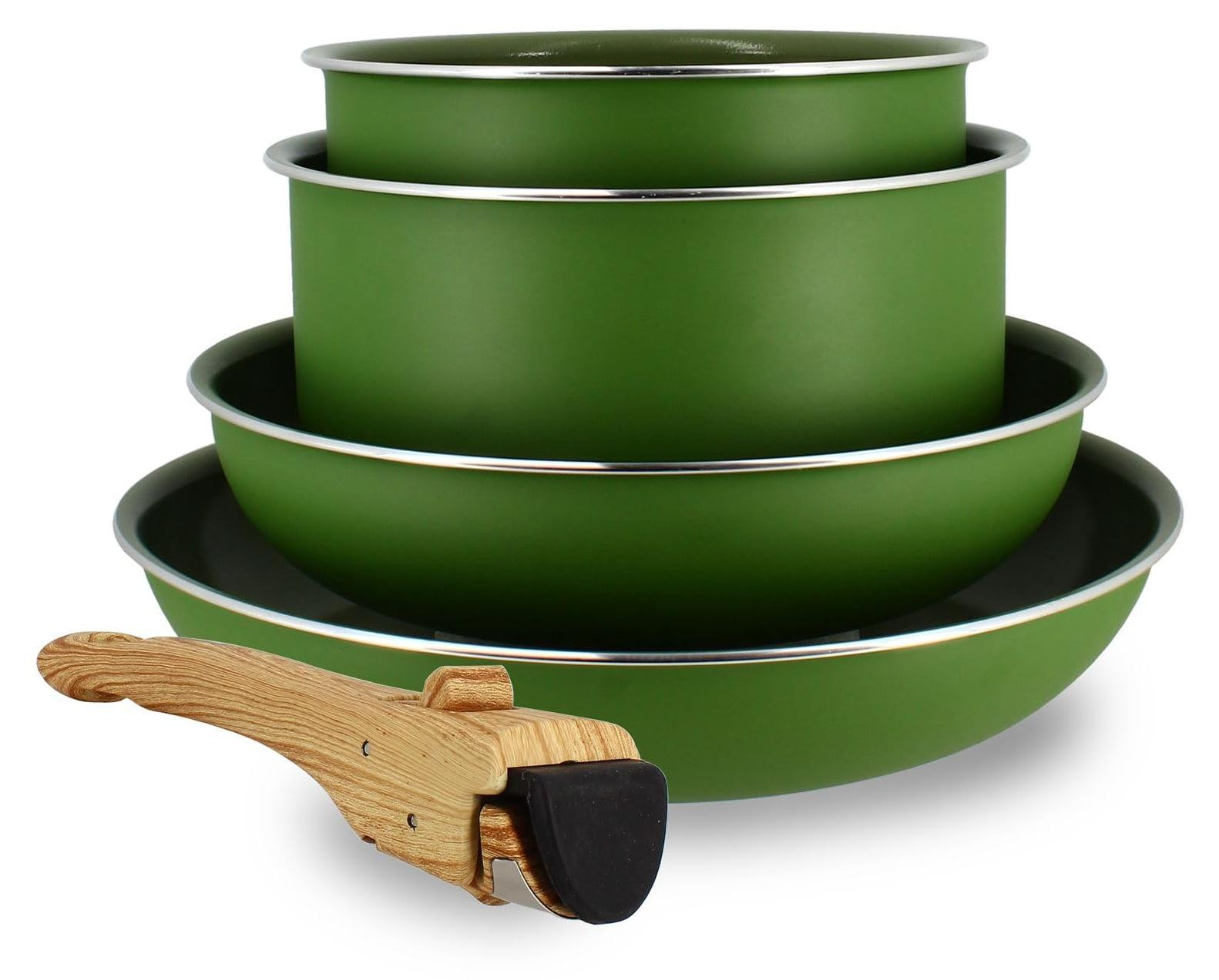 Dripio Kookgerei-set, 5-delig, keramisch, met afneembaar handvat, olijfgroen