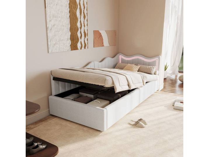 Lit 90x200 cm LED sommier à lattes Tissu Teddy blanc