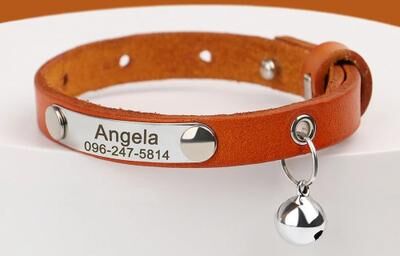 Inspired Finds Custom Engraved Leather Cat Collar With Bell Adjustable Anti Lost ID Collar orange