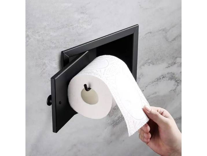 Porte-rouleau de papier toilette encastré noir mat, boîte de rangement porte-papier hygiénique en acier inoxydable pour salle de bain, cuisine