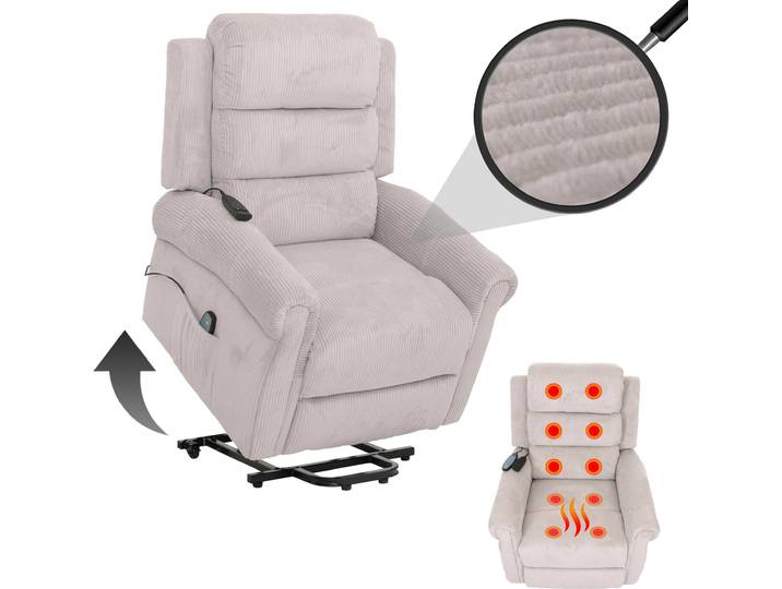 Fernsehsessel HWC-K63, Relaxsessel, Liegefunktion Aufstehhilfe Massage Heizfunktion, Stoff (220g/m²) Cord hellgrau