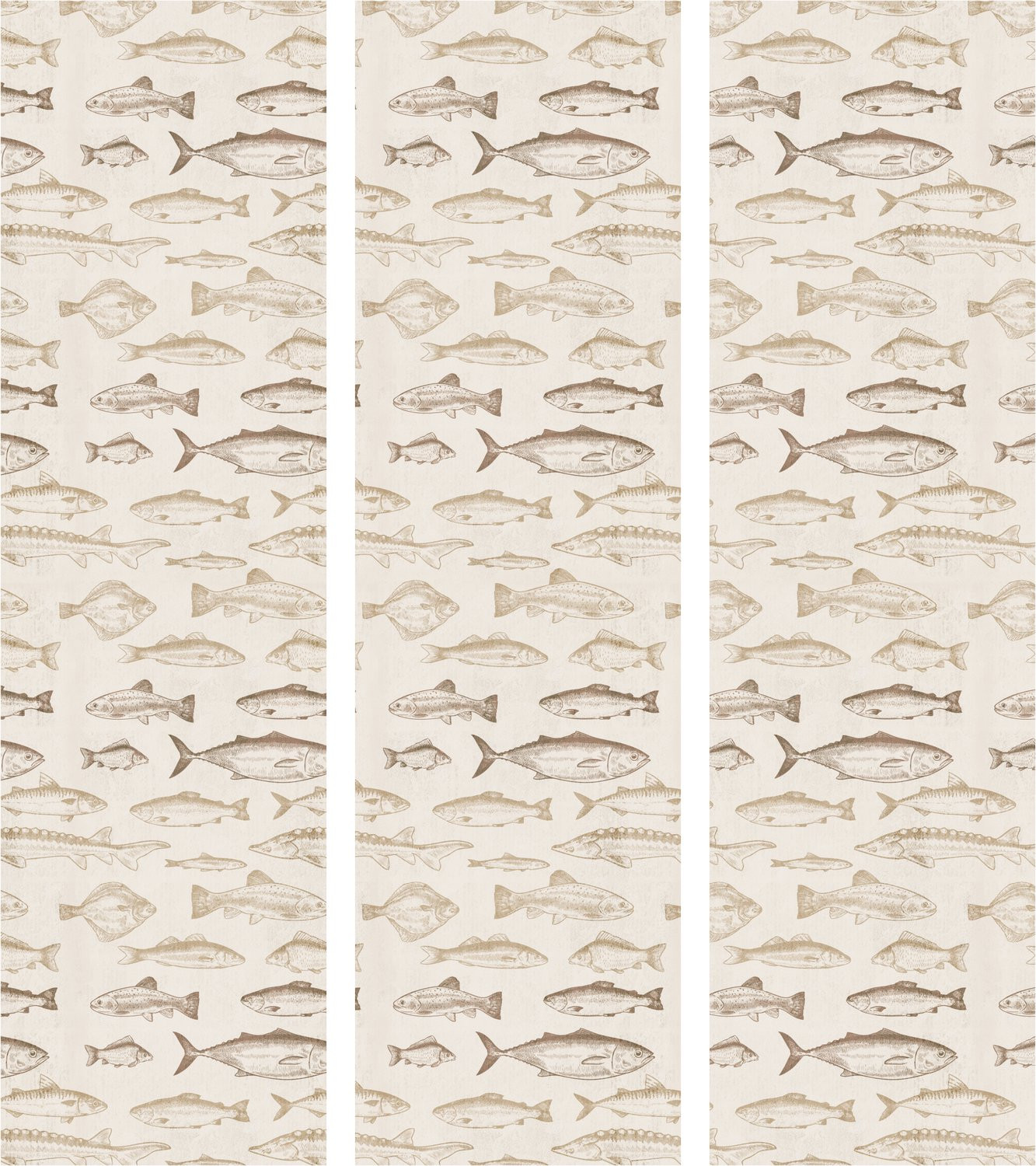 Japans Kamerscherm 3-delig Fish in beige en bruine tinten met houten frame H 172 x B 135 cm