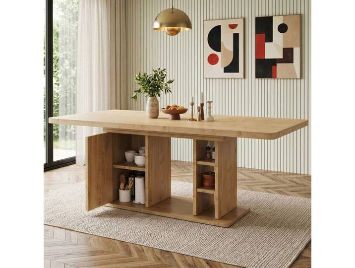 NuvlaGu - Table à manger - Table extensible avec espace de rangement - Convient pour 6 à 8 personnes - Couleur bois