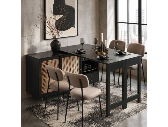 Buffet de cuisine table bar extensible rotative 360° - LPOSPI - portes en rotin 2 tiroirs MDF noir