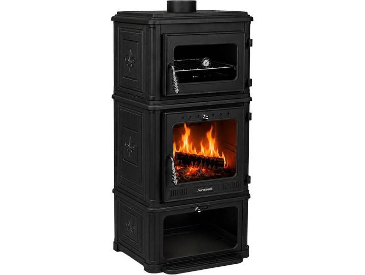 Kaminofen HANSEATIC Minerva, Gussofen + Backofenfach, Exklusiv, Lieferung ins Wohnzimmer , schwarz, Kaminöfen, Kaminofen, Vielseitiges Kochen und Backen, mit Holzfach, Topseller