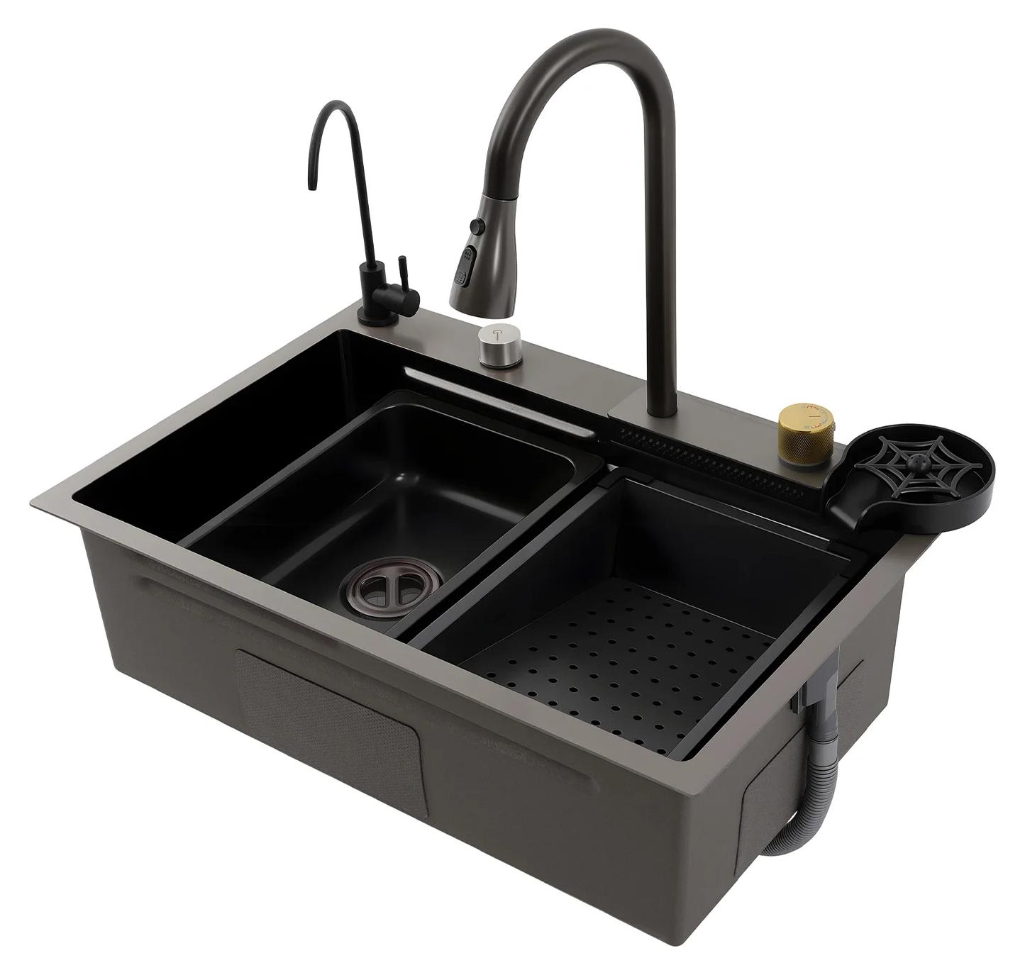 Spülbecken Küche - Einbauspüle Einzelbecken - Edelstahl - Ausziehbare Armatur - Becherspüler - Schneidebrett - Nanohoneycomb Oberfläche - Gun Grey