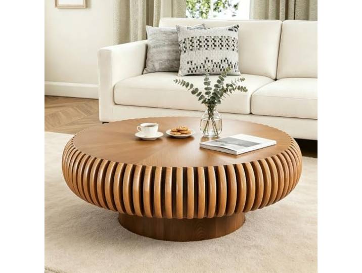 YAOBAO Runder Geriffelter Couchtisch mit Stabiler Säulenbasis – Moderner Trommel-Couchtisch aus Holz, Runder Mitteltisch für Wohnzimmer, Wohnung, Empfangsbereich oder Büro (Brown Round 80cm)