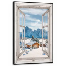 LEINWAND Bilder mit Rahmen - Winterlandschaft - Hütte - Berge - Ausblicke - Aussicht - Natur - 80x120